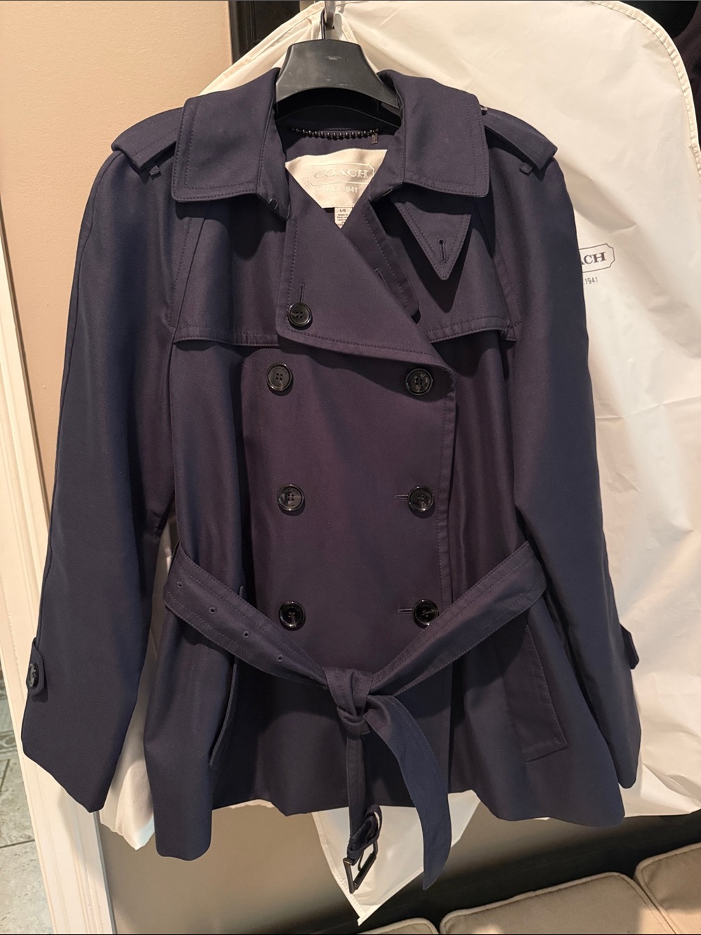 Coach Navy Double-Breasted Short Trench with Waist Tie